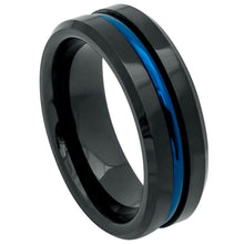 Load image into Gallery viewer, 8mm Tungsten Carbide High Polished Beveled Edge Black IP Plated Ring with Blue IP Plated Grooved