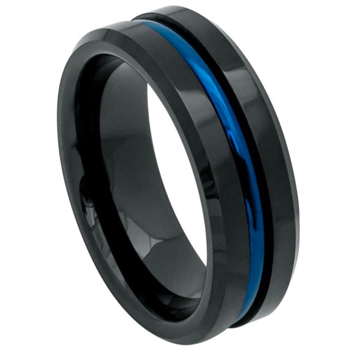 8mm Tungsten Carbide High Polished Beveled Edge Black IP Plated Ring with Blue IP Plated Grooved