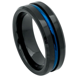 8mm Tungsten Carbide High Polished Beveled Edge Black IP Plated Ring with Blue IP Plated Grooved