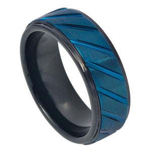 8mm Tungsten Carbide Blue IP Plated Diagonally Grooved Finish Center Black IP Inner Ring