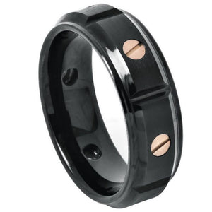 8mm Tungsten Carbide Rose Gold IP Plated Screw Accents on Black IP Plated Stepped Edge Ring