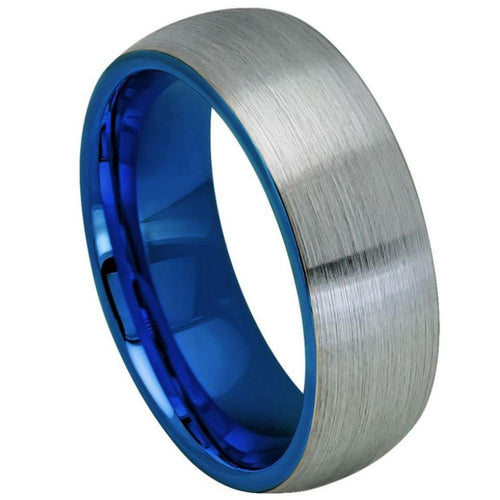 8mm Tungsten Carbide Domed Blue IP Plated Inside Gun Metal Brushed Center Wedding Band Ring