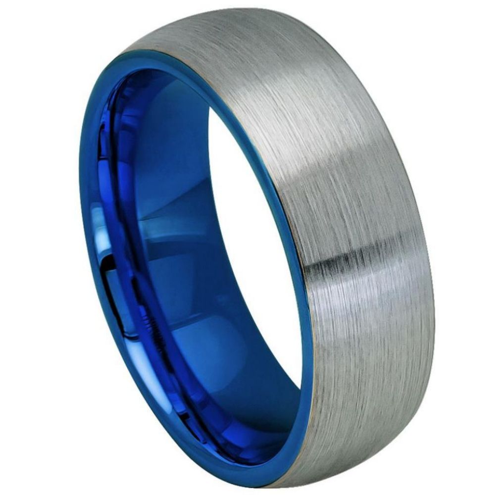 8mm Tungsten Carbide Domed Blue IP Plated Inside Gun Metal Brushed Center Wedding Band Ring