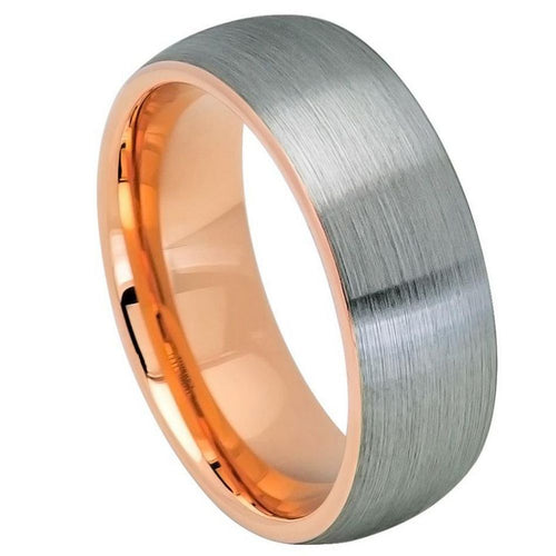 8mm Tungsten Carbide Domed Rose Gold IP Plated Inside Gun Metal Brushed Center Wedding Band Ring