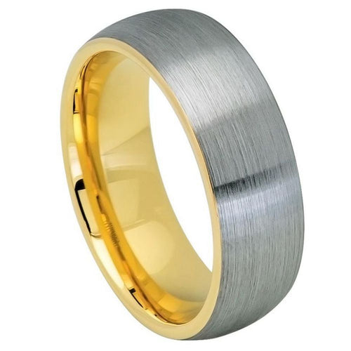 8mm Tungsten Carbide Domed Yellow Gold IP Plated Inside & Gun Metal Brushed Center Wedding Band Ring