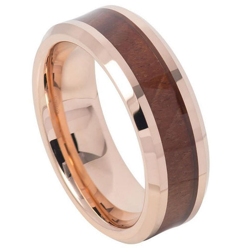 8mm Tungsten Carbide Rose Gold IP Plated with Hawaiian Koa Wood Inlay Shiny Beveled Edge