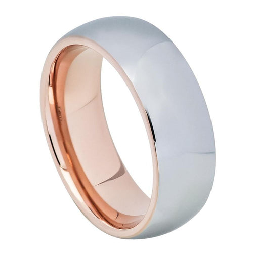 8mm Tungsten Carbide Domed Rose Gold IP Plated Inside Gun Metal High Polished Center Wedding Ring