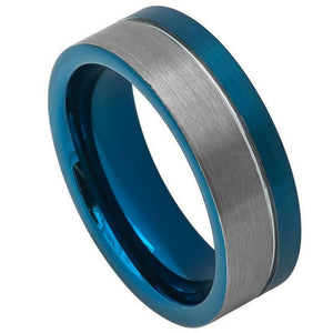 8mm Tungsten Carbide Off-Center Grooved Blue IP Plated Brushed Pipe Cut Ring Wedding Band Ring