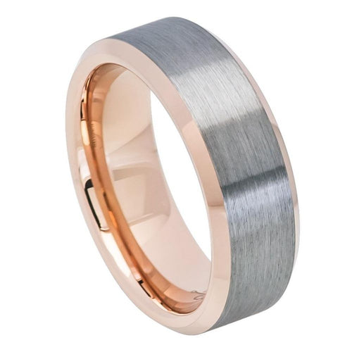 8mm Tungsten Carbide Brushed Gun Metal Finish, High Polished Rose Gold Tone IP Plated Beveled