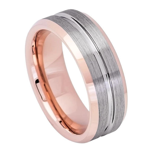 8mm Tungsten Carbide Rose Gold IP Plated Inside Gun Metal Grooved Brushed Center Wedding Band Ring