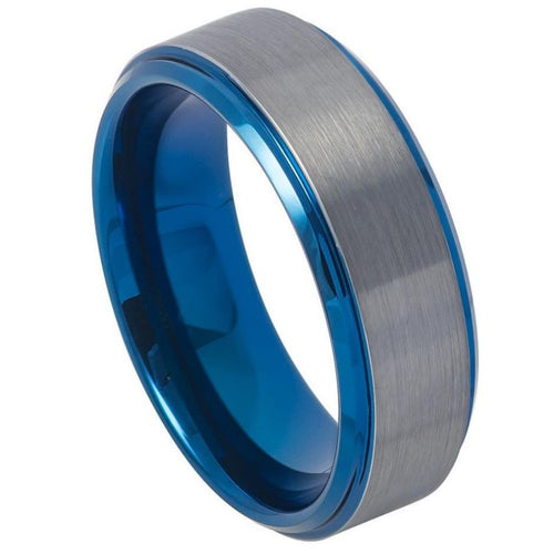 8mm Tungsten Carbide Blue IP Plated Beveled Edge Gun Metal Brushed Finish Wedding Band Ring