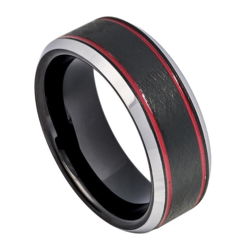 8mm Tungsten Carbide Charcoal Gray IP Plated Ice Finish with 2 Red Stripes on 2 sides Wedding Ring