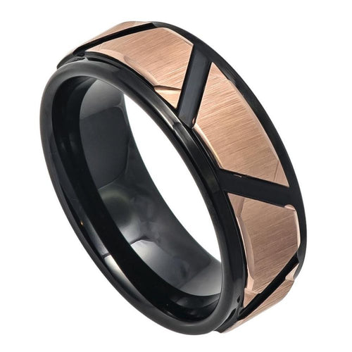 8mm Tungsten Carbide Rose Gold IP Brushed Trapezoid Center High Polished Black Gold IP Grooves Ring