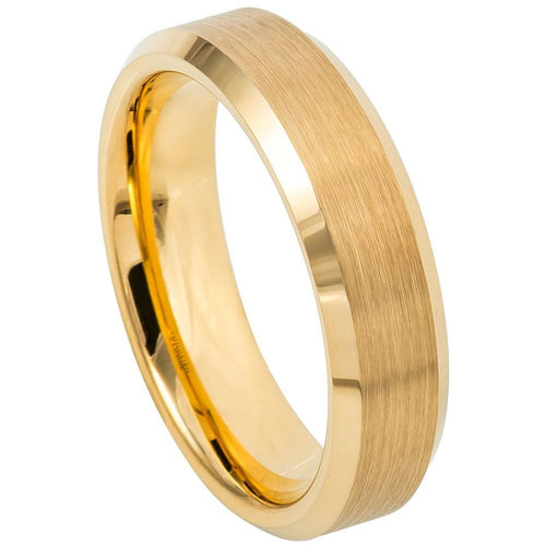 6mm Tungsten Carbide Brush Polished Yellow Gold IP Plated Center & Shiny Beveled Edge Wedding Ring