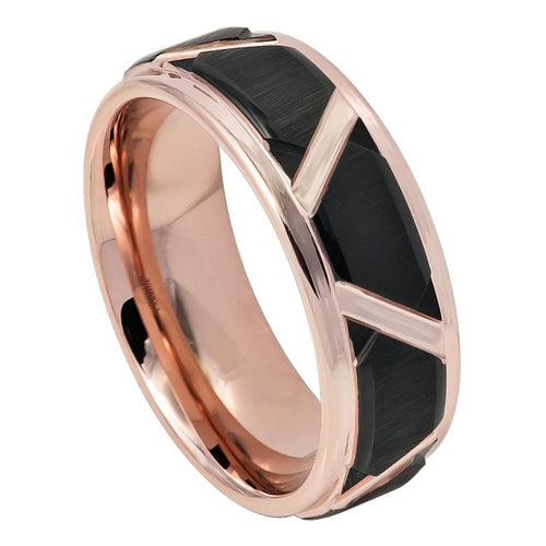 8mm Tungsten Carbide Black I Brushed Trapezoid Center High Polished Rose Gold IP Grooves Edge