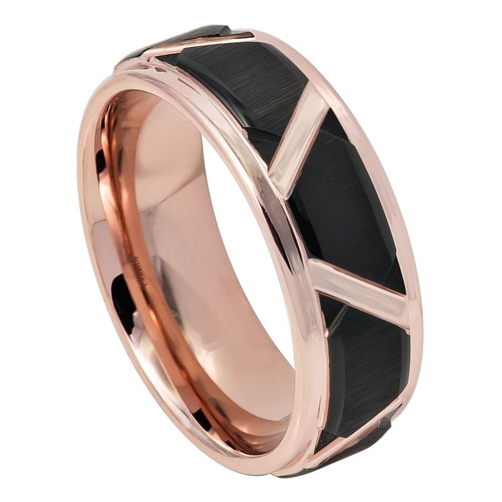 8mm Tungsten Carbide Black I Brushed Trapezoid Center High Polished Rose Gold IP Grooves Edge