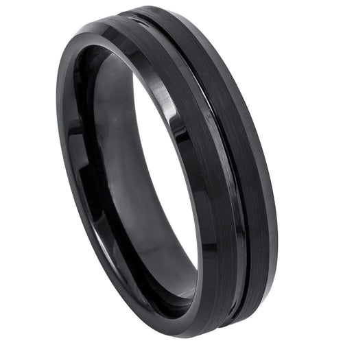6mm Tungsten Carbide BlackIP Plated Shiny Grooved Center Brushed Beveled Edge Wedding Band Ring