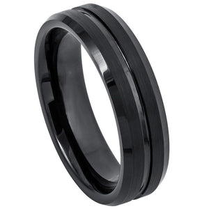 6mm Tungsten Carbide BlackIP Plated Shiny Grooved Center Brushed Beveled Edge Wedding Band Ring