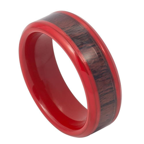 8mm Tungsten Carbide Red Enamel Plated High Polished Low Beveled Edge with Hawaiian Wedding Ring