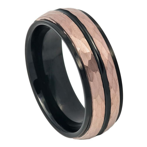 8mm Tungsten Carbide Two-tone Black IP Inside Rose Gold IP Hammered Finish with Black Ring