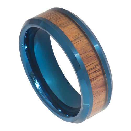 8mm Tungsten Carbide Blue IP Plated Inner Ring with Hawaiian Koa Wood Inlay Beveled Edge