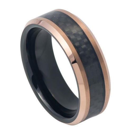 8mm Tungsten Carbide Two-tone Black IP Inside Rose Gold IP Finish, Inlayed with Black Carbon Ring