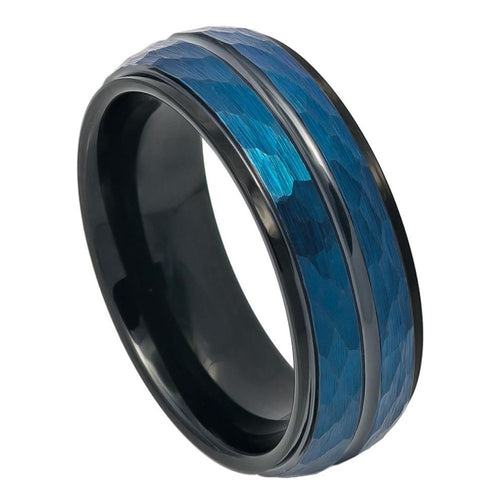 7mm Tungsten Carbide Two-tone Blue IP Black IP Plated Hammered Finish High Polished Stepped/Beveled