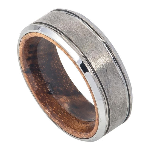 8mm Tungsten Carbide Wire Brushed Finished Center Beveled Edge with African Sapele Mahogany Ring