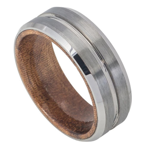 8mm Tungsten Carbide Grooved Center Brushed Finish Beveled Edge with African Sapele Mahogany