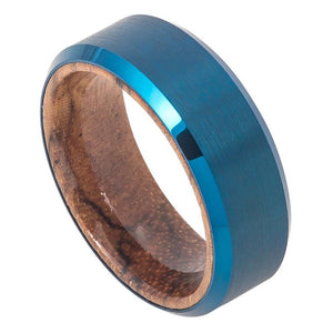 8mm Tungsten Carbide Blue IP Plated Brushed Finish Beveled Edge with African Sapele Mahogany Ring