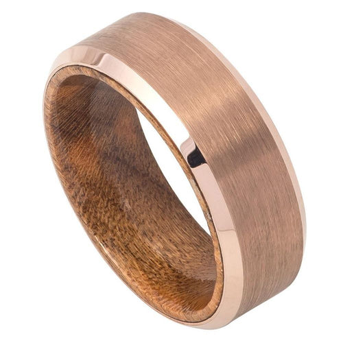 8mm Tungsten Carbide Rose Gold IP Plated Brushed Finish Beveled Edge with African Sapele Ring