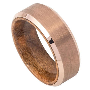 8mm Tungsten Carbide Rose Gold IP Plated Brushed Finish Beveled Edge with African Sapele Ring
