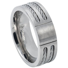 Load image into Gallery viewer, 8mm Grooved Center Brushed Titanium Ring Low Beveled Edge with Double Cable Inlay Wedding Band Ring
