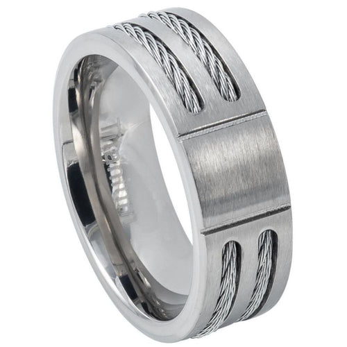 8mm Grooved Center Brushed Titanium Ring Low Beveled Edge with Double Cable Inlay Wedding Band Ring