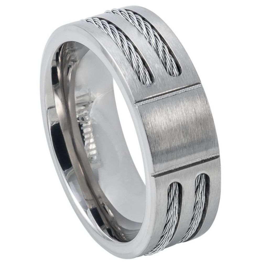 8mm Grooved Center Brushed Titanium Ring Low Beveled Edge with Double Cable Inlay Wedding Band Ring