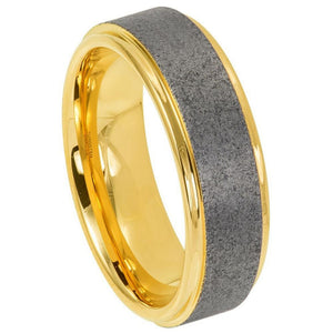 8mm Tungsten Carbide Sandblasted Finish Center Stepped Edge Yellow Gold IP Plated  Wedding Band Ring