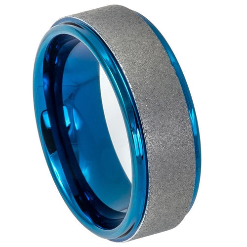 8mm Tungsten Carbide Sandblasted Finish Center Stepped Edge Blue IP Plated Wedding Band Ring