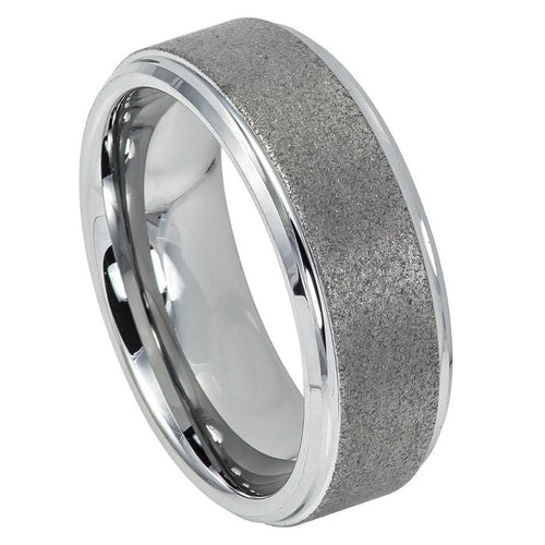 8mm Tungsten Carbide Sandblasted Finish Center Shiny Stepped Edge Wedding Band Ring
