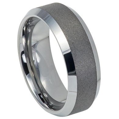 8mm Tungsten Carbide Sandblasted Finish Center Shiny Beveled Edge Wedding Band Ring