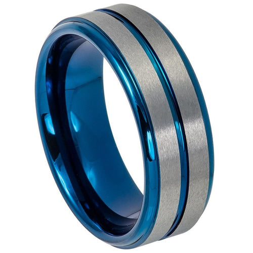 8mm Tungsten Carbide Two-tone Blue IP Plated Center Grooved Brushed Finish Stepped Edge Wedding Ring