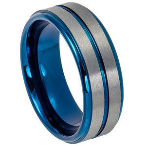 8mm Tungsten Carbide Two-tone Blue IP Plated Center Grooved Brushed Finish Stepped Edge Wedding Ring