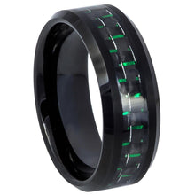 Load image into Gallery viewer, 8mm Tungsten Carbide Beveled Edge Black IP Plated with Green &amp; Black Carbon Fiber Inlay Wedding Ring