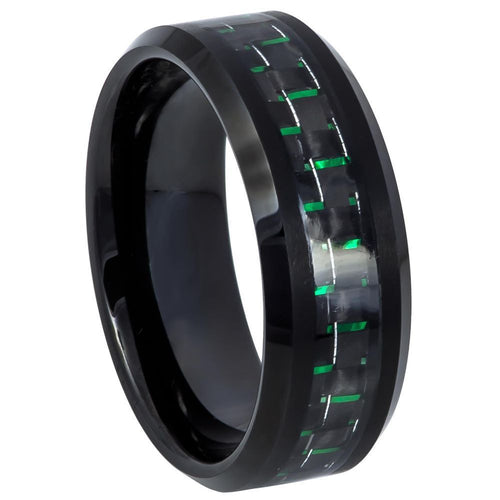 8mm Tungsten Carbide Beveled Edge Black IP Plated with Green & Black Carbon Fiber Inlay Wedding Ring
