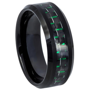 8mm Tungsten Carbide Beveled Edge Black IP Plated with Green & Black Carbon Fiber Inlay Wedding Ring