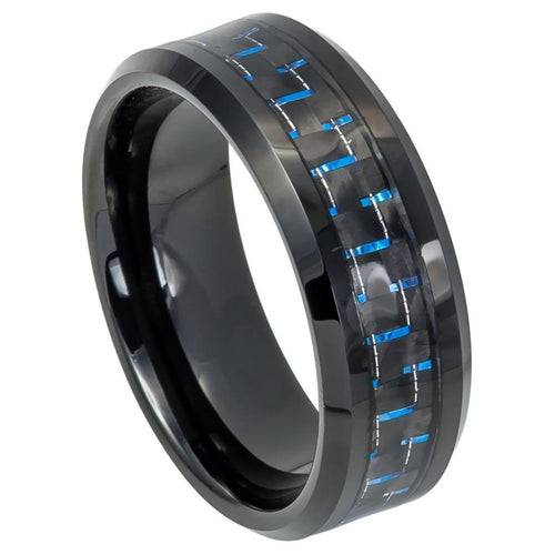 8mm Tungsten Carbide Beveled Edge Black IP Plated with Blue & Black Carbon Fiber Inlay Wedding Ring