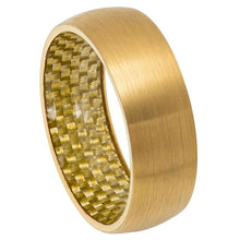 Load image into Gallery viewer, 8mm Tungsten Carbide Yellow Gold Tone IP Plated Domed Ring with Golden Carbon Fiber Inside Ring