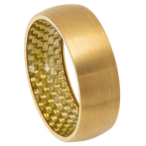 8mm Tungsten Carbide Yellow Gold Tone IP Plated Domed Ring with Golden Carbon Fiber Inside Ring