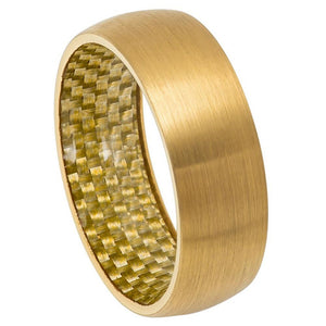 8mm Tungsten Carbide Yellow Gold Tone IP Plated Domed Ring with Golden Carbon Fiber Inside Ring