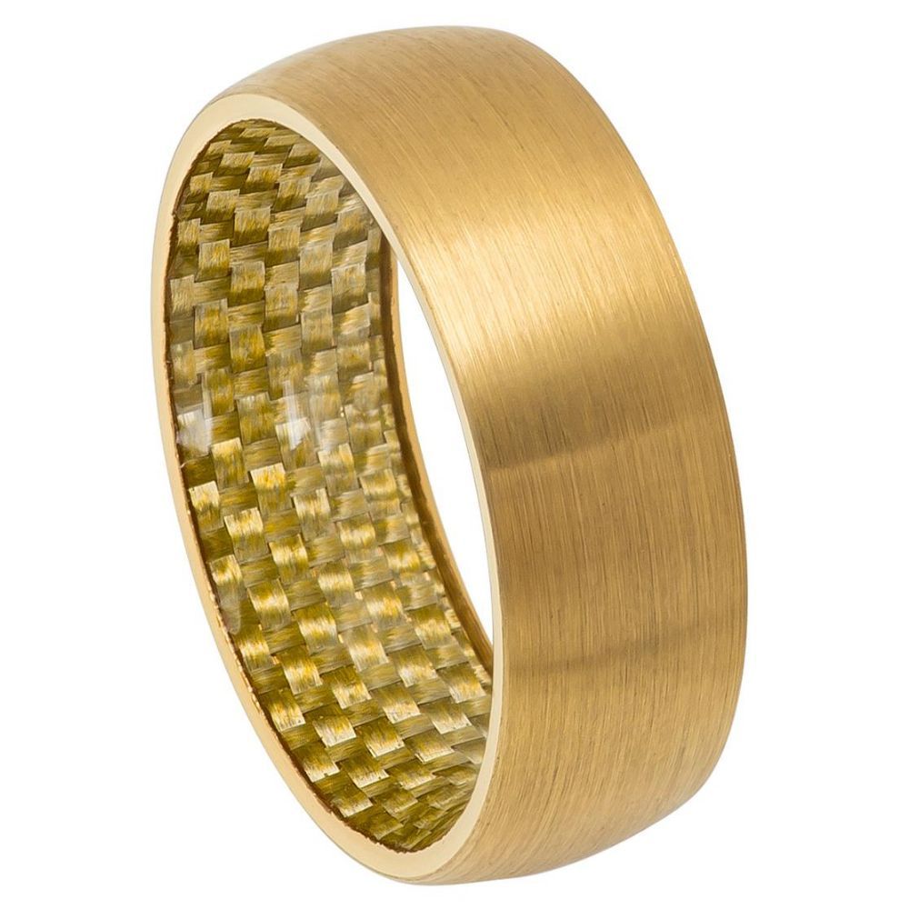 8mm Tungsten Carbide Yellow Gold Tone IP Plated Domed Ring with Golden Carbon Fiber Inside Ring