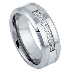 8mm Tungsten Carbide High Polished Beveled Edge with Prong-set 7 Round CZs Wedding Band Ring